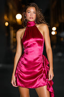Load image into Gallery viewer, Fuchsia Tight High Neck Satin Short Cocktail Dress with Ruffles