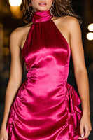 Load image into Gallery viewer, Fuchsia Tight High Neck Satin Short Cocktail Dress with Ruffles