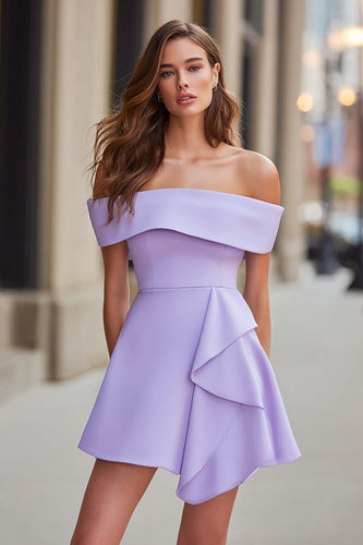 Lilac A Line Off the Satin Shoulder Short Cocktail Dress with Ruffles