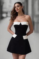 Load image into Gallery viewer, Black and White A Line Satin Strapless Short Cocktail Dress