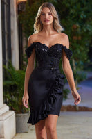 Load image into Gallery viewer, Sparkly Black Satin Tight Beaded Short Cocktail Dress with Ruffles