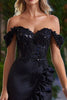 Load image into Gallery viewer, Sparkly Black Satin Tight Beaded Short Cocktail Dress with Ruffles