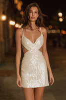 Load image into Gallery viewer, Sparkly Ivory Cut Out Sequins Tight Short Cocktail Dress