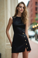 Load image into Gallery viewer, Black A Line Satin Crew Neck Short Cocktail Dress with Slit