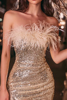 Load image into Gallery viewer, Sparkly Gold Sequins Tight Short Cocktail Dress with Feathers