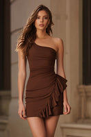 Load image into Gallery viewer, Coffee Satin One Shoulder Tight Short Cocktail Dress with Ruffles