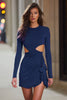Load image into Gallery viewer, Navy Cut Out Satin Ruched Short Cocktail Dress with Sleeves