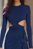 Load image into Gallery viewer, Navy Cut Out Satin Ruched Short Cocktail Dress with Sleeves