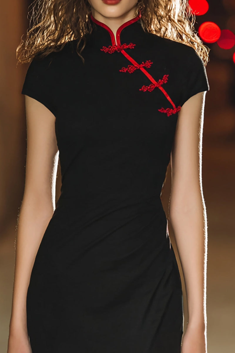 Load image into Gallery viewer, Black Tight Ruched High Neck Short Cocktail Dress with Slit