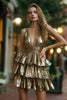 Load image into Gallery viewer, Metallic Gold Tiered A Line V-Neck Short Cocktail Dress