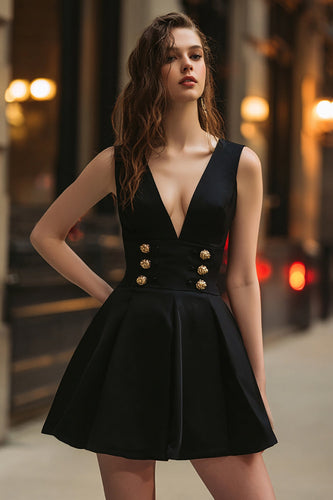 Black V-Neck A Line Short Cocktail Dress