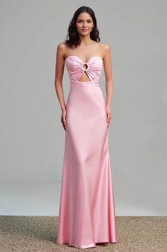 Pink Satin Sheath Sweetheart Cut Out Maxi Formal Dress