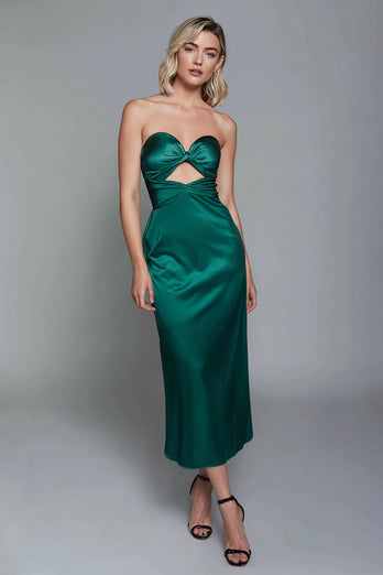 Dusty Blue Sweetheart Cut Out Satin Ankle Length Sheath Formal Dress