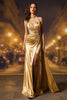 Load image into Gallery viewer, Gold Satin Mermaid Halter Ruched Long Formal Dress with Slit
