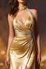 Load image into Gallery viewer, Gold Satin Mermaid Halter Ruched Long Formal Dress with Slit