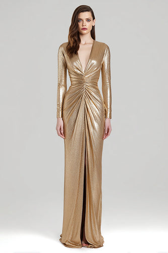 Sparkly Gold Metallic V-Neck Sheath Ruched Long Formal Dress with Slit