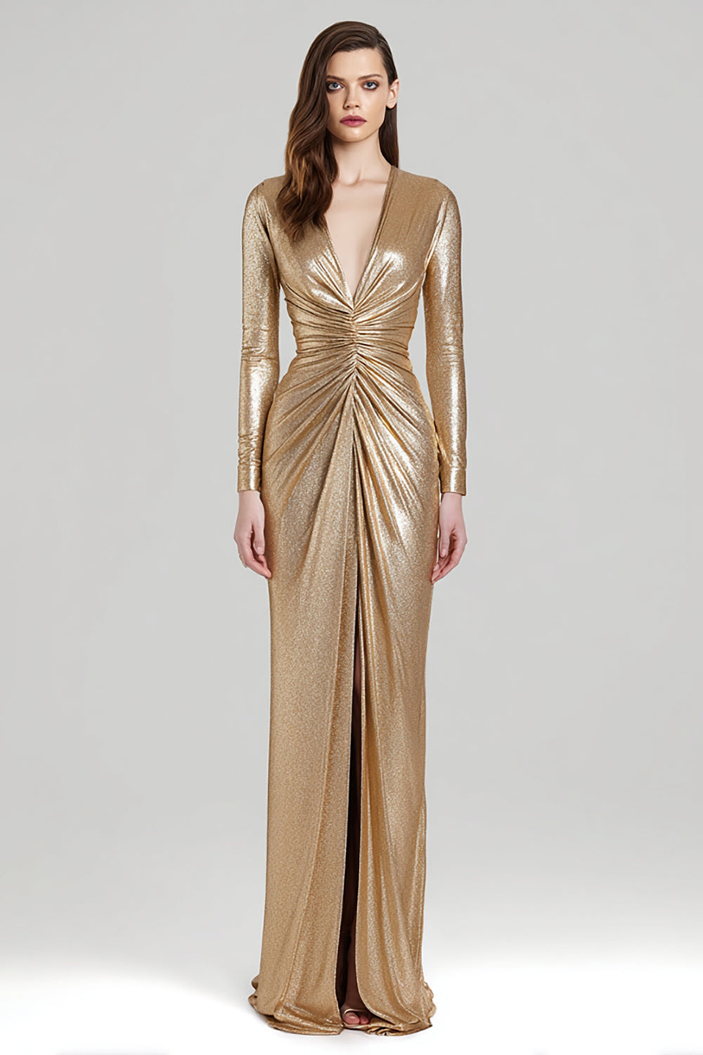 Sparkly Gold Metallic V-Neck Sheath Ruched Long Formal Dress with Slit