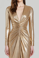 Load image into Gallery viewer, Sparkly Gold Metallic V-Neck Sheath Ruched Long Formal Dress with Slit
