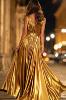 Load image into Gallery viewer, Sparkly Gold Metallic A-Line Ruched V-Neck Long Formal Dress with Slit