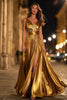 Load image into Gallery viewer, Sparkly Gold Metallic A-Line Ruched V-Neck Long Formal Dress with Slit