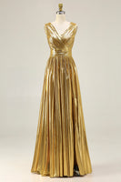 Load image into Gallery viewer, Sparkly Gold Metallic A-Line Ruched V-Neck Long Formal Dress with Slit