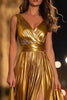 Load image into Gallery viewer, Sparkly Gold Metallic A-Line Ruched V-Neck Long Formal Dress with Slit