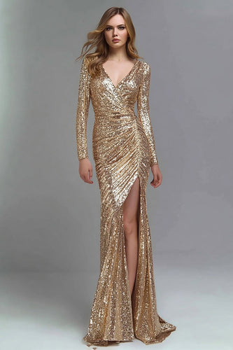 Sparkly Gold Sequin Mermaid V-Neck Long Formal Dress with Slit