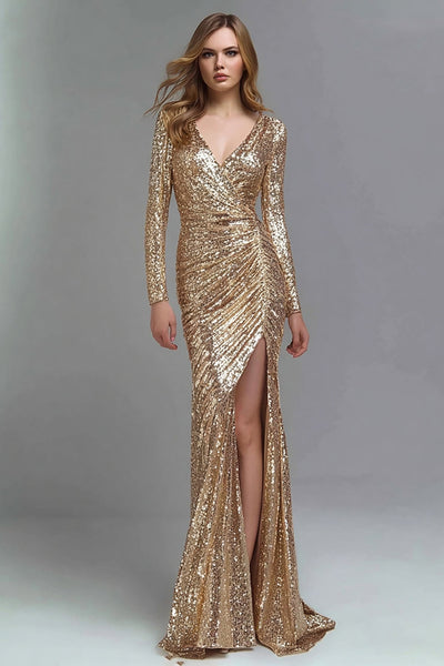Women Sparkly Gold Sequin Mermaid Ruched Long Formal Dress with Slit V-Neck Holiday Party Dress with Sleeves