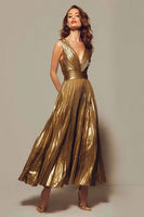 Load image into Gallery viewer, Women Sparkly Gold Metallic Long Formal Dress Pleated A-Line V-Neck Ankle Length Holiday Party Dress