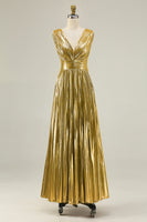 Load image into Gallery viewer, Sparkly Gold Metallic V-Neck A-Line Pleated Long Formal Dress