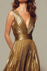 Load image into Gallery viewer, Sparkly Gold Metallic V-Neck A-Line Pleated Long Formal Dress