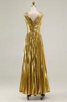 Load image into Gallery viewer, Sparkly Gold Metallic V-Neck A-Line Pleated Long Formal Dress