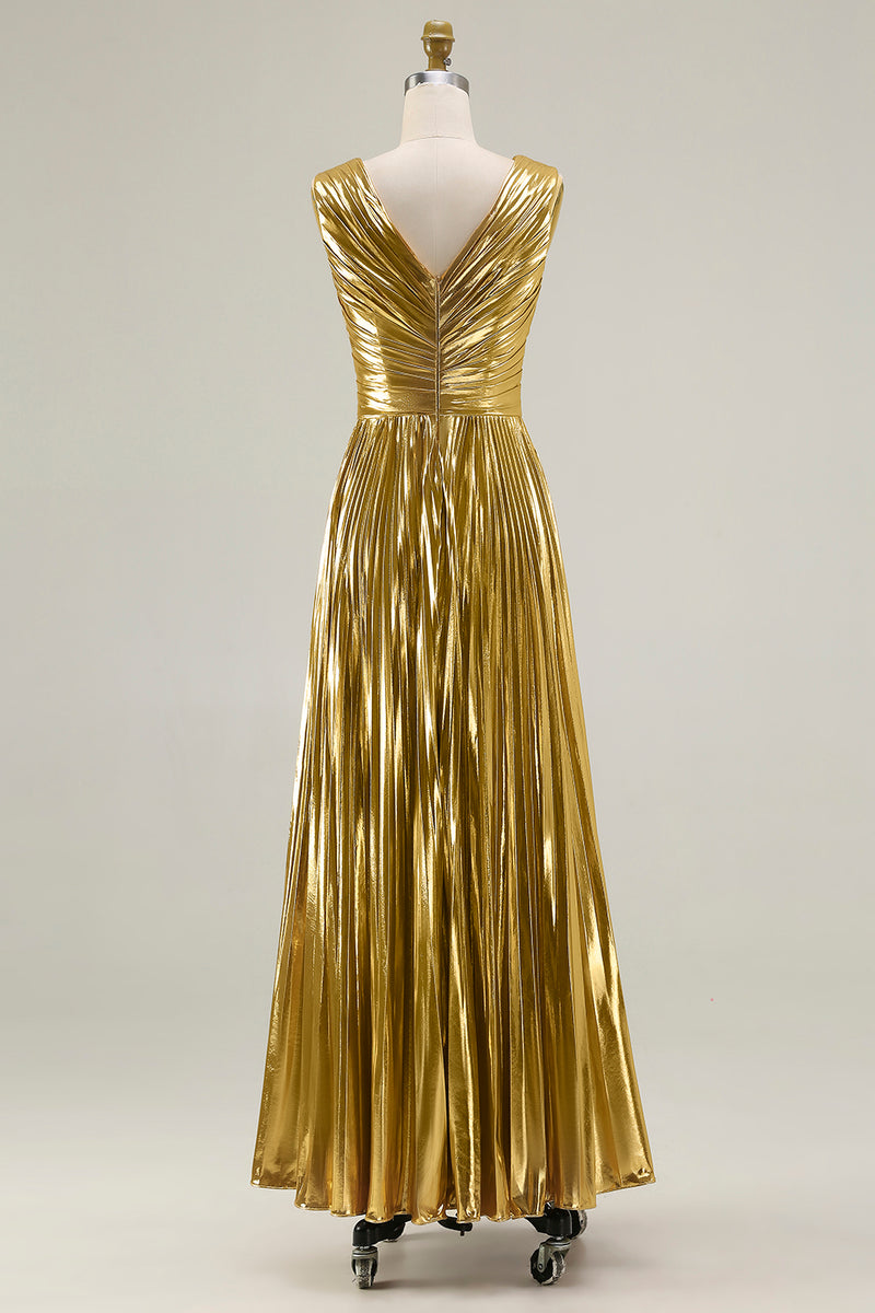 Load image into Gallery viewer, Sparkly Gold Metallic V-Neck A-Line Pleated Long Formal Dress