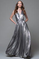 Load image into Gallery viewer, Sparkly Silver Metallic A-Line V-Neck Long Formal Dress