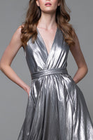 Load image into Gallery viewer, Sparkly Silver Metallic A-Line V-Neck Long Formal Dress