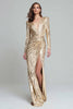 Load image into Gallery viewer, Sparkly Gold V-Neck Sequin Long Sleeves Long Formal Dress with Slit