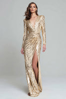 Load image into Gallery viewer, Sparkly Gold V-Neck Sequin Long Sleeves Long Formal Dress with Slit