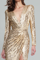 Load image into Gallery viewer, Sparkly Gold V-Neck Sequin Long Sleeves Long Formal Dress with Slit