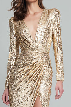 Sparkly Gold V-Neck Sequin Long Sleeves Long Formal Dress with Slit