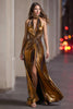 Load image into Gallery viewer, Sparkly Black Gold Metallic Halter Sheath Long Formal Dress with Slit