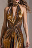 Load image into Gallery viewer, Sparkly Black Gold Metallic Halter Sheath Long Formal Dress with Slit