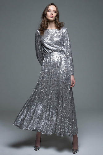 Sparkly Sequin Silver Long Formal Dress with Sleeves