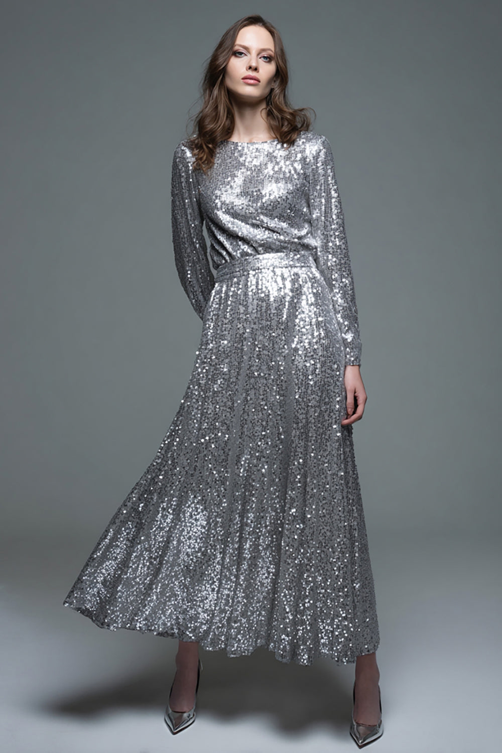 Sparkly Sequin Silver Long Formal Dress with Sleeves