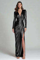 Load image into Gallery viewer, Sparkly Gold V-Neck Metallic Long Formal Dress with Slit