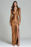 Load image into Gallery viewer, Sparkly Gold V-Neck Metallic Long Formal Dress with Slit