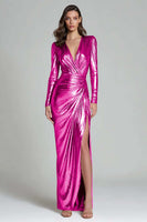 Load image into Gallery viewer, Sparkly Gold V-Neck Metallic Long Formal Dress with Slit