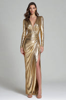 Load image into Gallery viewer, Sparkly Gold V-Neck Metallic Long Formal Dress with Slit