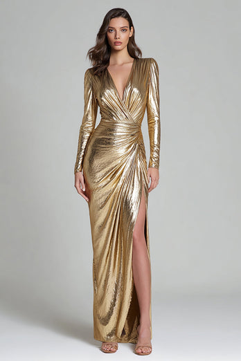 Sparkly Gold V-Neck Metallic Long Formal Dress with Slit