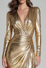 Load image into Gallery viewer, Sparkly Gold V-Neck Metallic Long Formal Dress with Slit