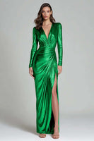 Load image into Gallery viewer, Sparkly Gold V-Neck Metallic Long Formal Dress with Slit